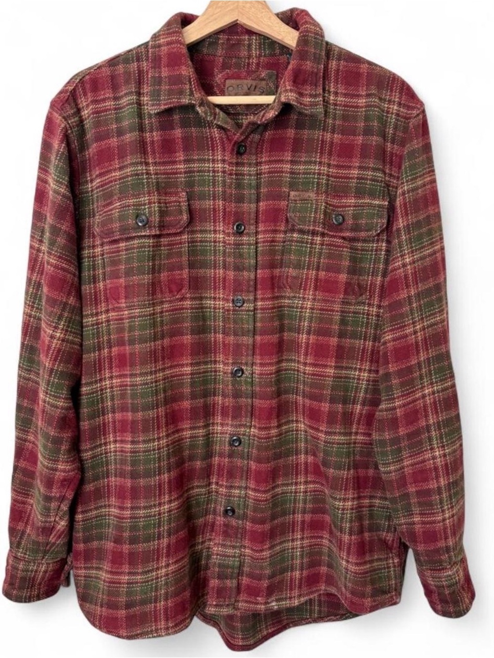 Orvis Plaid Flannel Shirt Jacket Burgundy Olive M